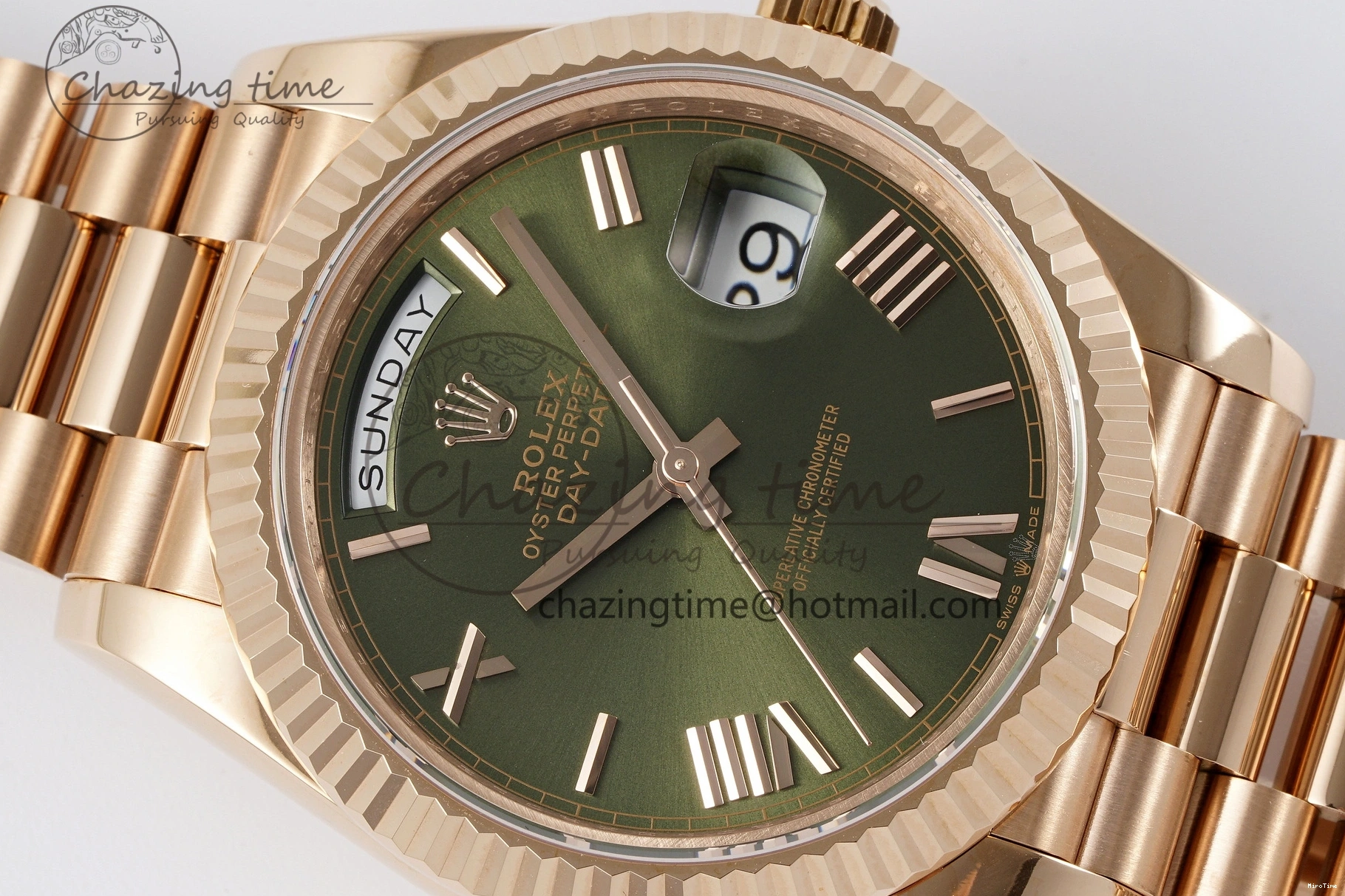 MiroTime 0516 DayDate 40 RG JDF Gain Weight 904L Steel Green Dial Roman Markers on President Bracelet A2836 V Trendsetting 1816